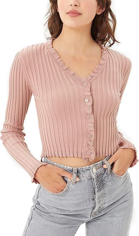 FASHION BOOMY Women's Sweater Cardigans - Lettuce Ruffle Cropped Ribbed Knit Top | Amazon (US)