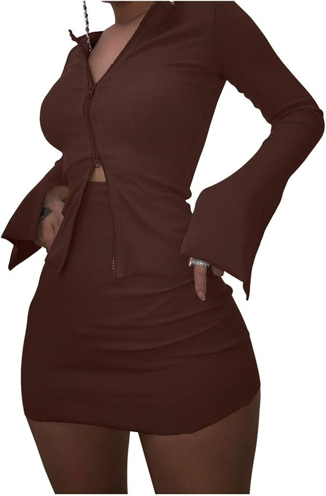 XLLAIS Ribbed Tops and Skirts Sets Double Zipper Tracksuits Women 2 Piece Outfits Clubwear | Amazon (US)