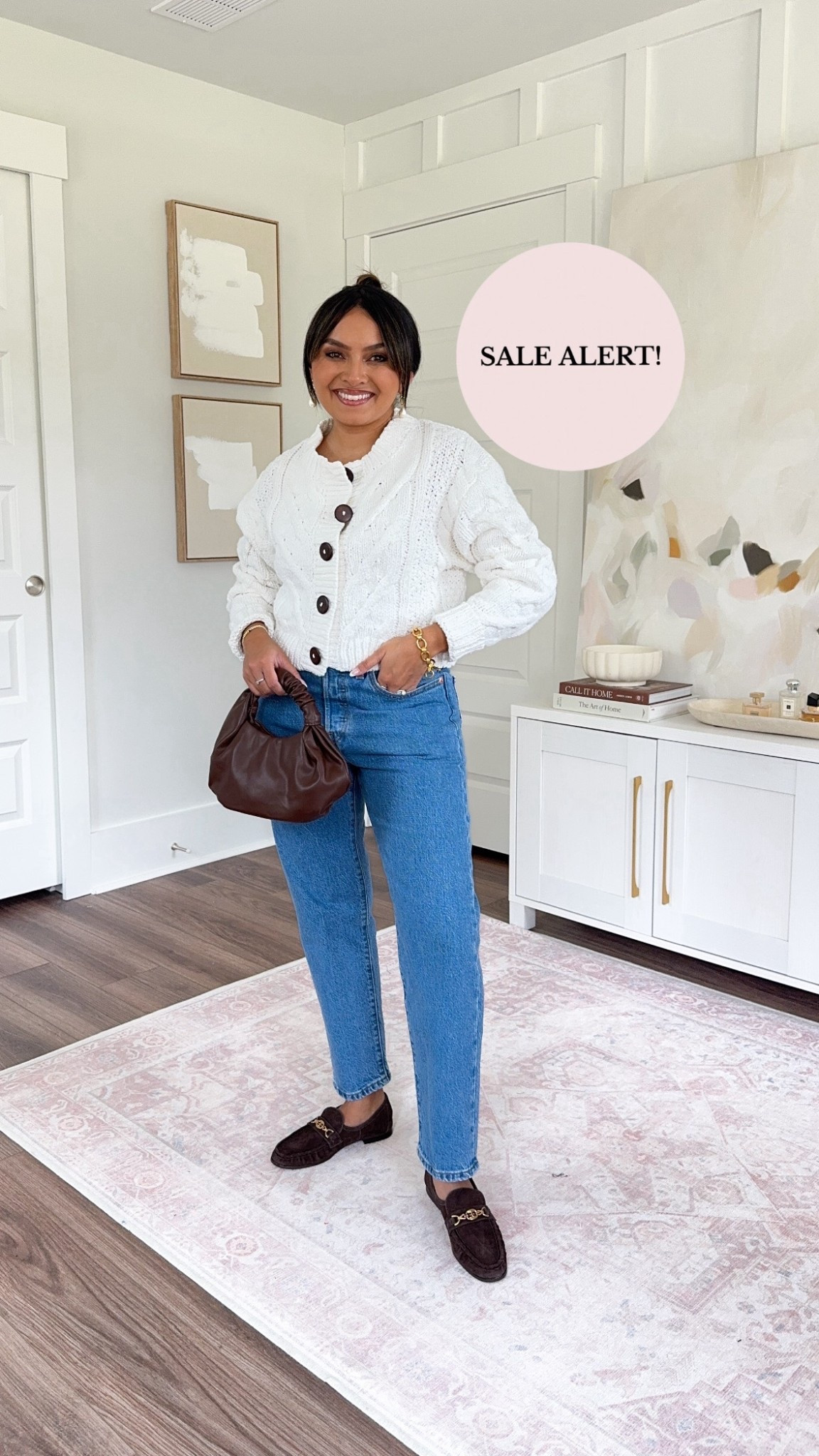 White cardigan size xs TTS 
Blue jeans size 27 x 26 - I sized up a size 
Brown suede loafers size 5.5 TTS



#LTKStyleTip #LTKPetite #LTKSaleAlert