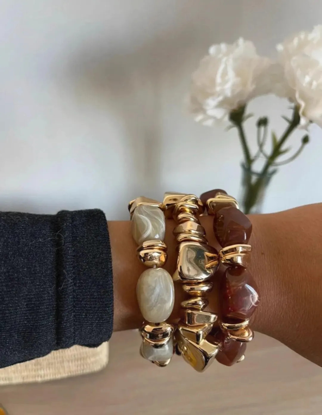 Set of 3 Chunky Stretch Bracelets | Gold-tone & Resin Bead Stack | Modern Geometric Statement Jew... | Etsy (US)