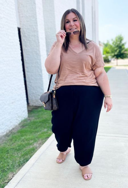 My go-to plus size outfit is the same every time 🙈 Plus size joggers, a tee, and sandals! I add jewelry and a cute bag to dress it up. These joggers come in regular and plus sizes from The Drop on Amazon and they are INCREDIBLE! I’m wearing the 3X and find them true to size if not a bit roomy. These come in lots of colors and even though they are a sweater knit they’re very breathable. 

#LTKunder50 #LTKcurves #LTKFind
