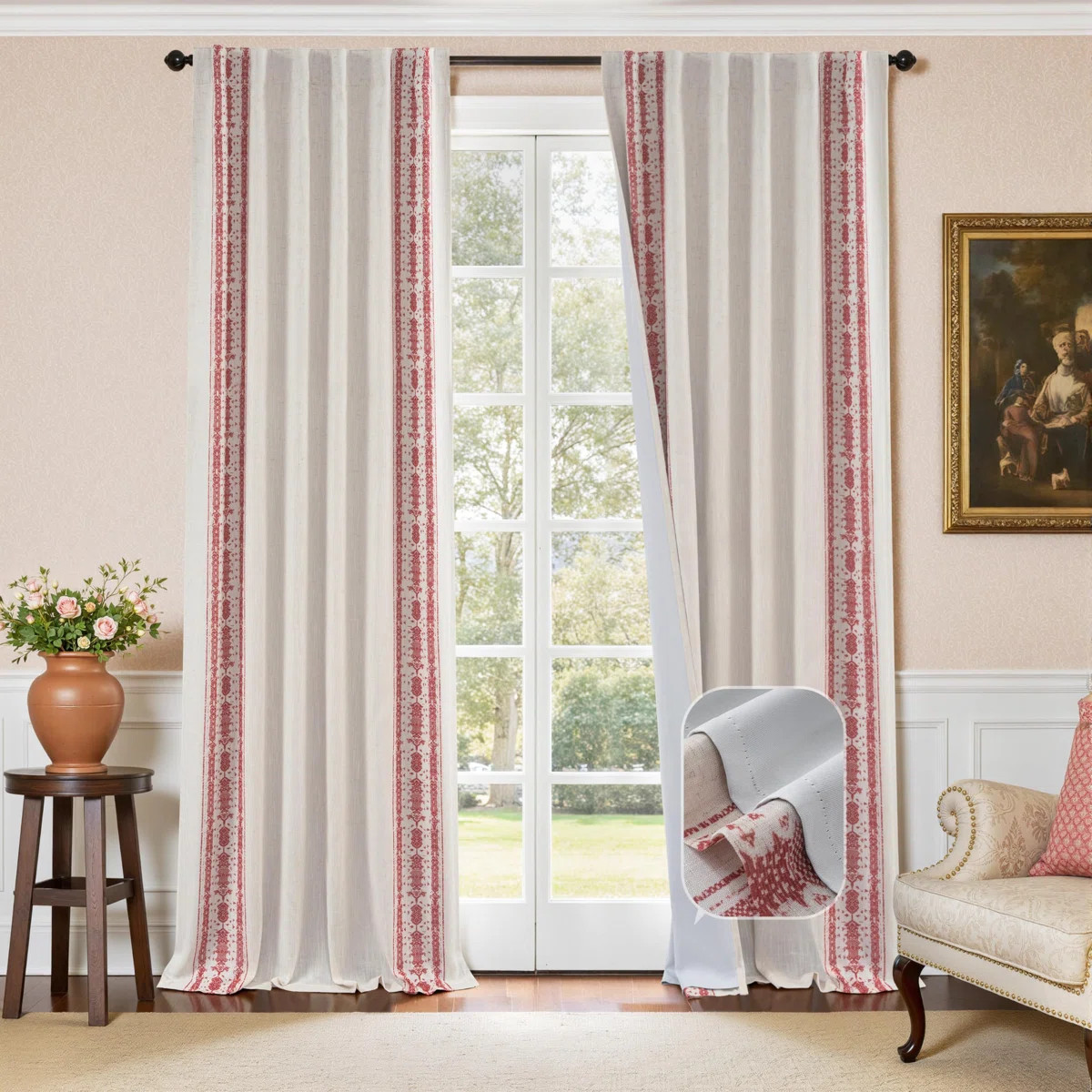 Boho Linen Blackout Curtains Double Layer Thermal Insulated Farmhouse Vintage Retro Printed Trim ... | Wayfair North America