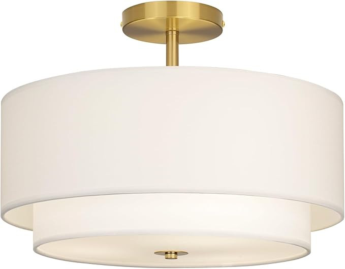 16" Dual Drum Gold 3-Light Semi Flush Mount Ceiling Light, Classic White Fabric Linen Shade Desig... | Amazon (US)
