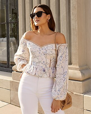 Floral Off The Shoulder Corset Peplum Top | Express