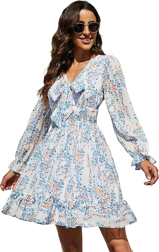 Mancreda Women Summer Chiffon V Neck Ruffle Long Sleeve Tie Knot Mini Dresses | Amazon (US)