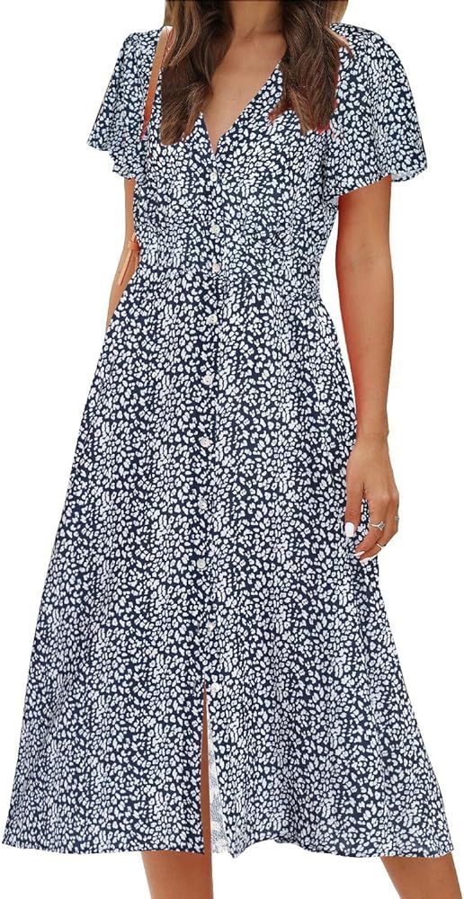 ROYLAMP Women's Floral Button Up Split Dress Deep V Short Bell Sleeve Casual Midi Dress with Pock... | Amazon (US)
