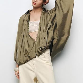 Womens Puffed Bomber Jacket Casual Batwing Sleeve Lapel Collar Zip Shirts Oversized Pleated Stree... | Amazon (US)