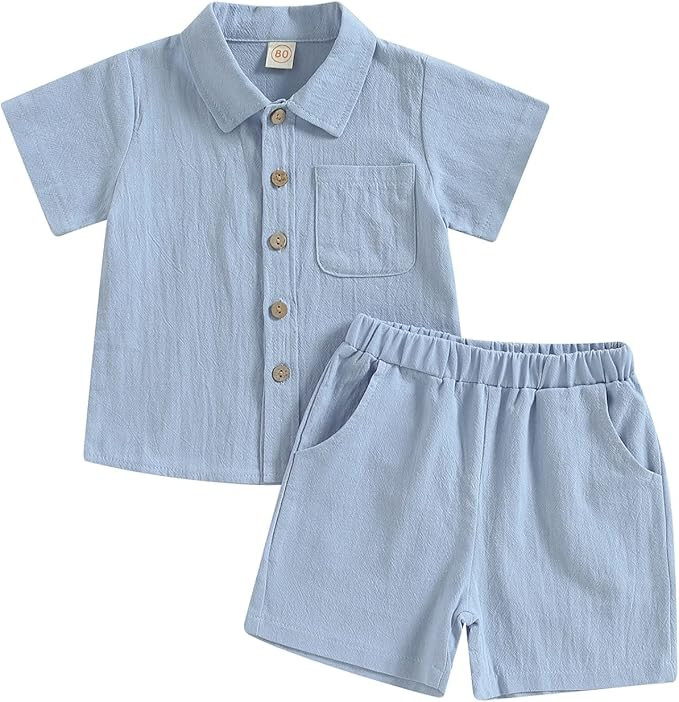 Toddler Boy Linen Shorts Outfit Button Up Short Sleeve Shirts with Pocket Solid Color Baby Boy Su... | Amazon (US)
