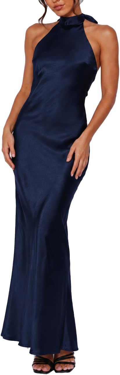 Satin Halter High Neck Backless Maxi Dress for Women Elegant Silk Tie Low Back Formal Cocktail Wedding Guest Dress | Amazon (US)