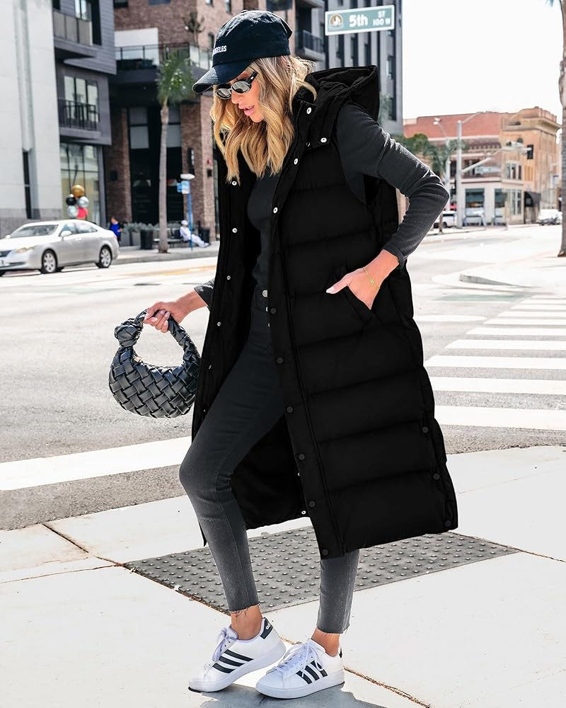 BTFBM Long Puffer Vest Women Quilted Hooded Button Down Zip Up Sleeveless Vests Outerwear Padded ... | Amazon (US)