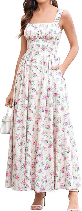 HTZMO Floral Wedding Guest Maxi Sundress 2026 Women Summer Square Neck Ruched A Line Flowy Long D... | Amazon (US)