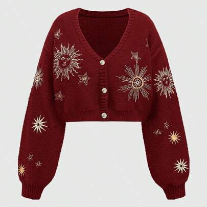 Women's Plus Size Mystery Date Witch Style Sun Moon Stars Embroidered Cardigan Sweater | SHEIN