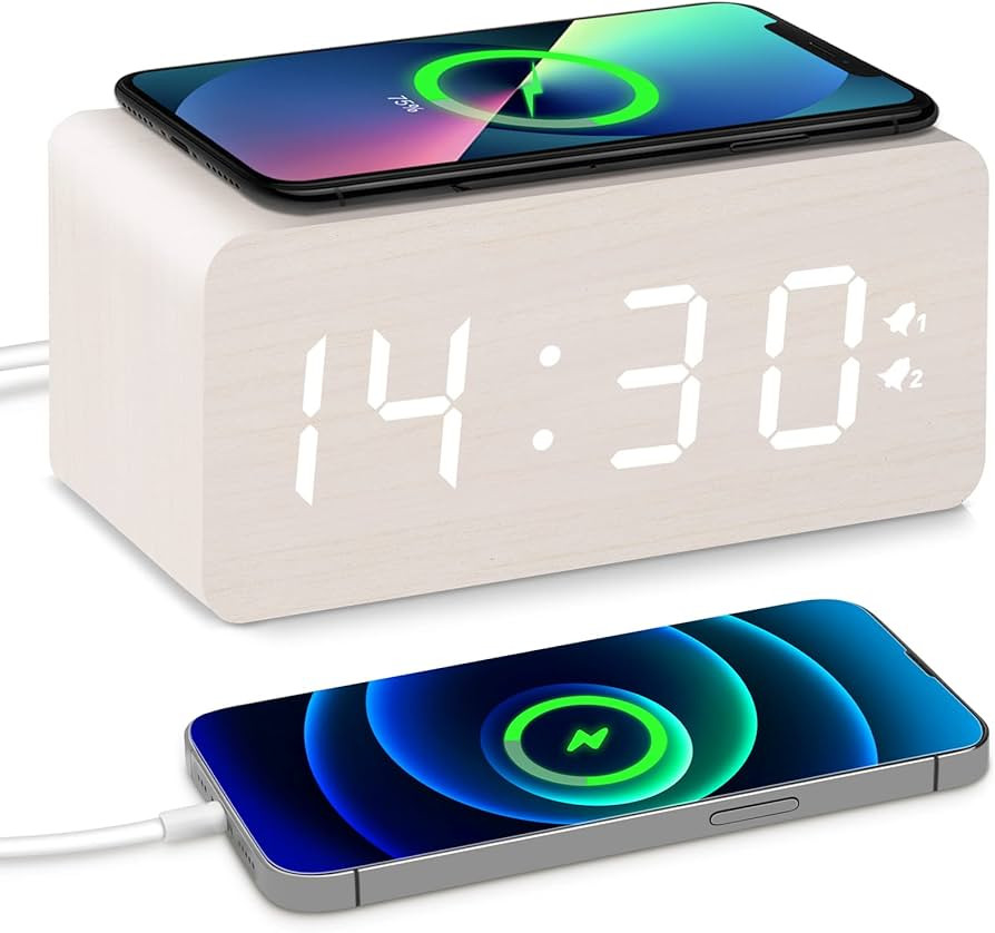 URAYCO Wooden Digital Alarm Clock, 10W Fast Wireless Charger Station & USB Charging Port, with St... | Amazon (US)