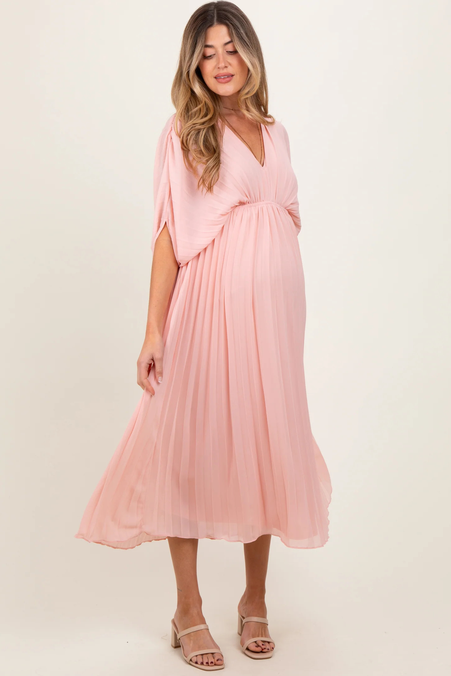 Light Pink Pleated V Neck Maternity Maxi Dress | PinkBlush Maternity