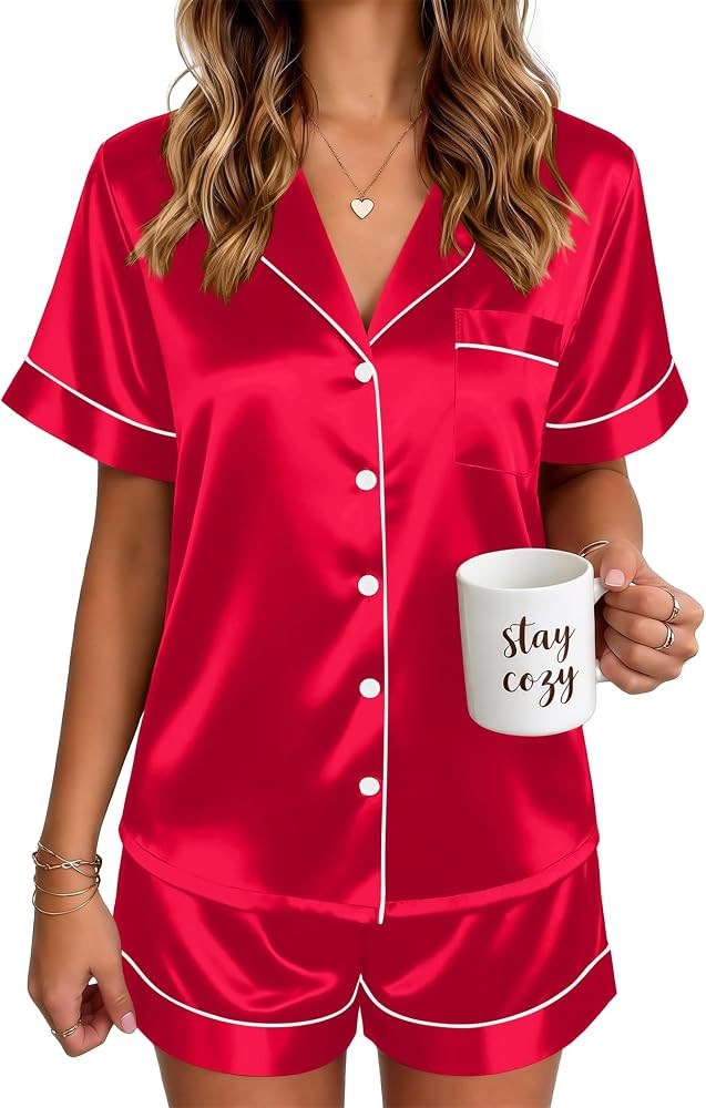 Ekouaer Satin Pajamas for Women Silk Pjs Short Set 2 Piece Button Up Lounge Sets Short Sleeve Sle... | Amazon (US)