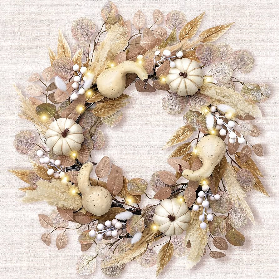 Valery Madelyn 24'' Collapsible Fall Wreaths for Front Door, Harvest Autumn Decor with Lights for... | Amazon (US)