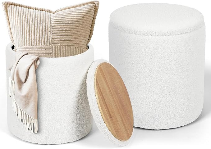 2 Set Round Ottoman Storage, Boucle White Teddy Ottoman for Makeup Vanity Stool Chair, Modern Mul... | Amazon (US)