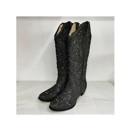 Rockomi Womens Rhinestone Western Cowgirl Boots Block Heels Mid Calf Boot Walking Floral Chunky Heel | Walmart (US)
