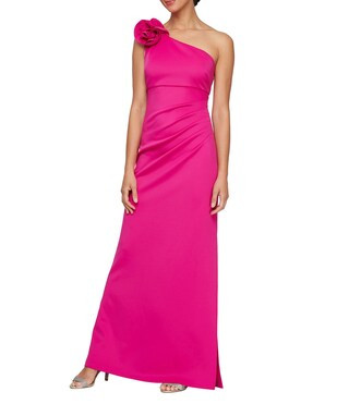 One Shoulder Flower Detail Ruched Waist Side Slit Sheath Maxi Dress | Dillard's