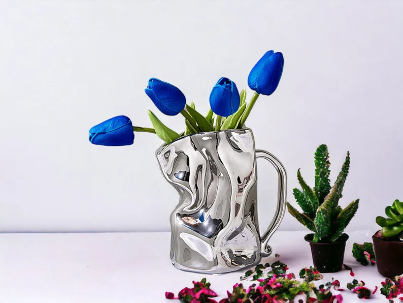 Melted Ceramic Vase Silver Vase Neutral Boho Decor Home Gift Flowervase for Dried Flowers Decorat... | Etsy (US)