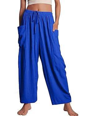 Kissonic Womens Wide Leg Pants Casual Loose Drawstring Flowy Summer Beach Palazzo Harem Pants wit... | Amazon (US)