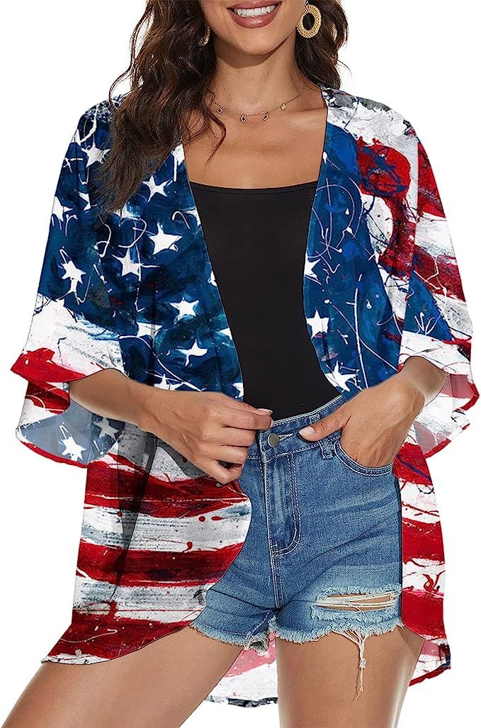 4th of July Cardigan for Women Plus Size Half Sleeve Open Front Cardigan Loose Cover up Casual Bl... | Amazon (US)