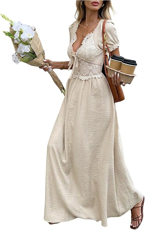 SHENHE Women's Lace Deep V Neck Puff Short Sleeve Tie Bow Backless A Line Flowy Maxi Dress | Amazon (US)