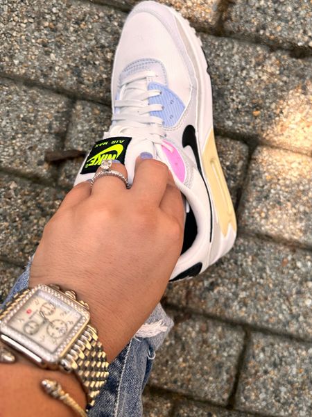 Women’s Nike air max with jeans Michele silver watch emerald cut diamond ring and bracelet 

#LTKworkwear #LTKshoecrush #LTKstyletip