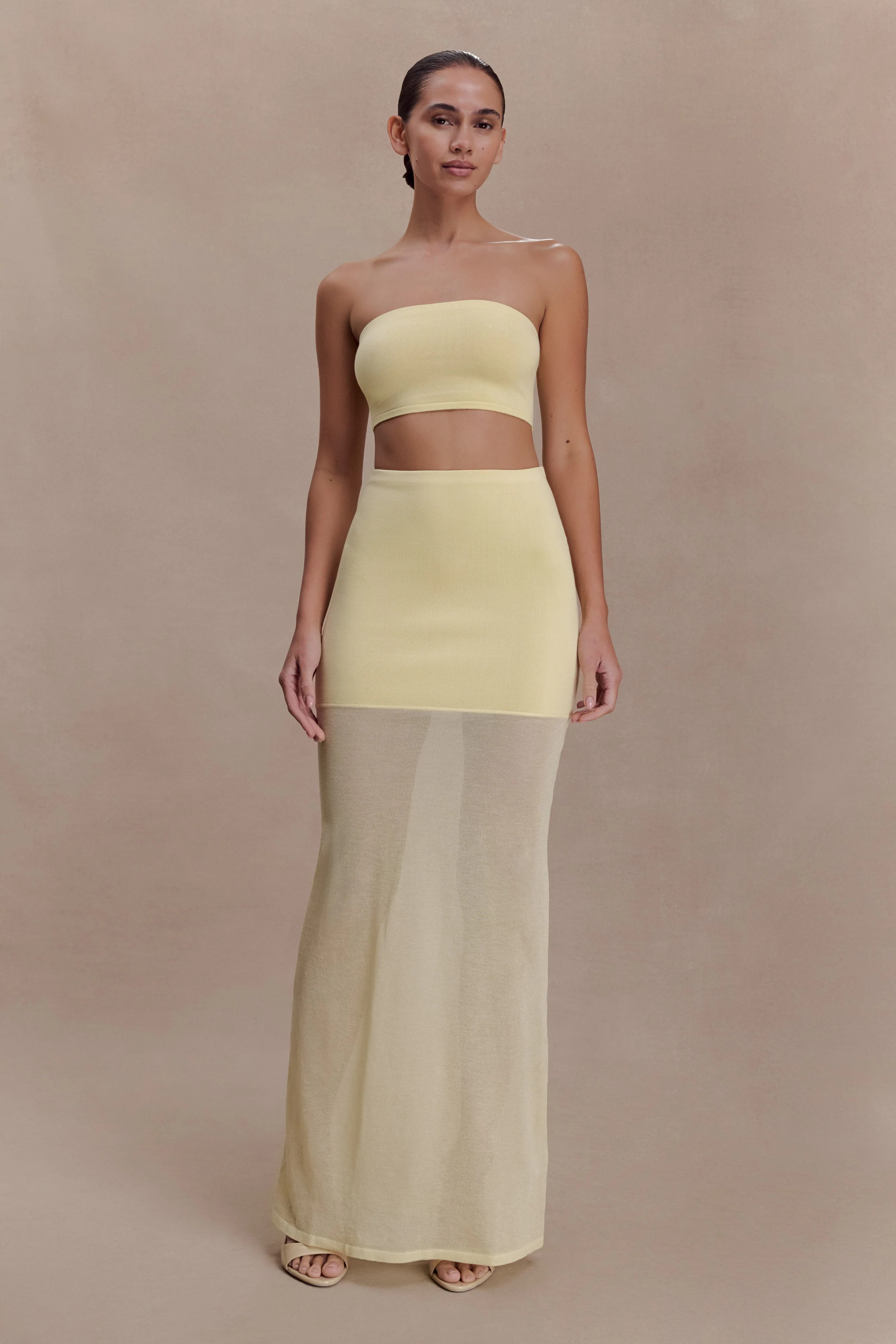 Sheer And Bandage Knit Maxi Skirt - Lemon | MESHKI US