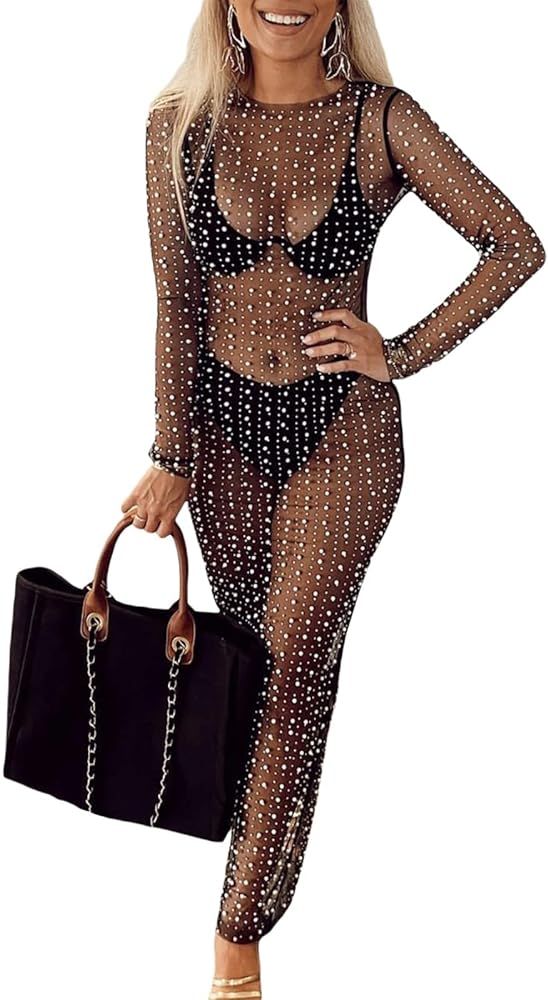 Women's Sexy Sheer Mesh Pearl Rhinestone Cover Up Maxi Dress Summer Beach Swimwear Bikini Bathing... | Amazon (US)