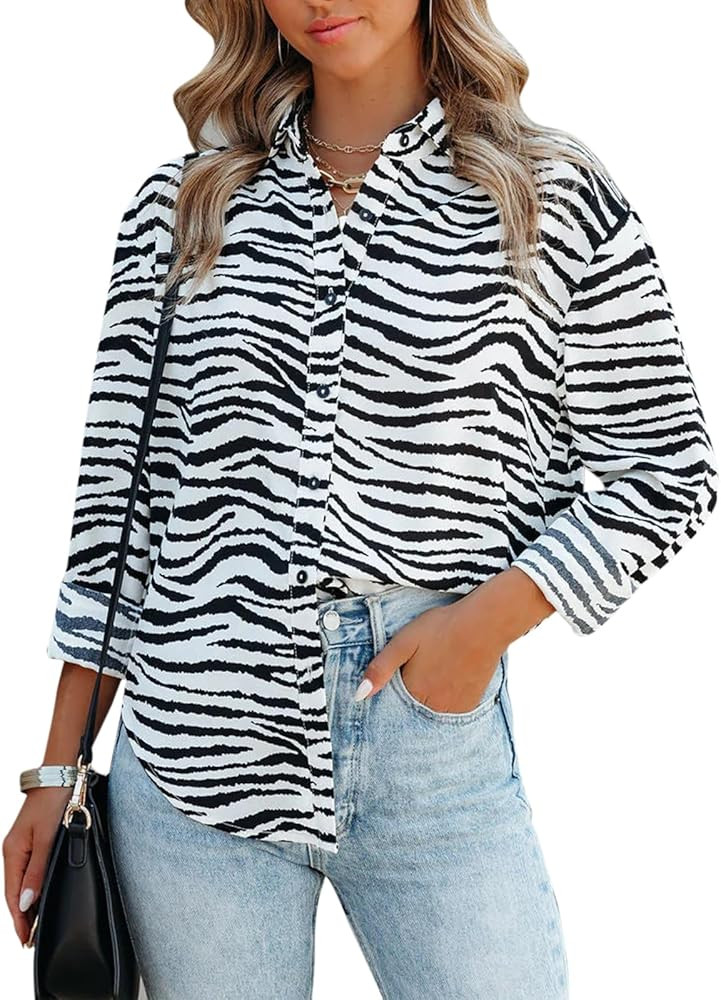 Mutitop Button Down Shirts for Women Dressy Casual Blouses V Neck Printed Boho Long Sleeve Collar... | Amazon (US)