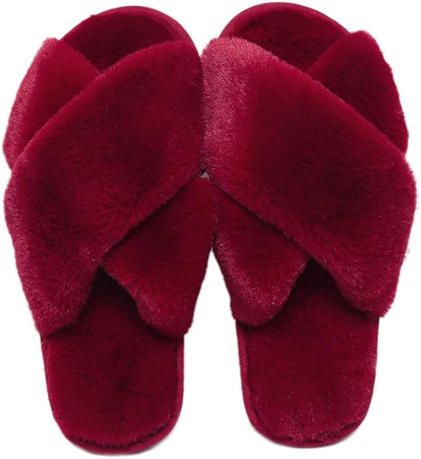 Fluffy Womens House Slippers Cross Band Open Toe,Soft Plush Fleece Bedroom Slippers Non-Slip Wome... | Amazon (UK)