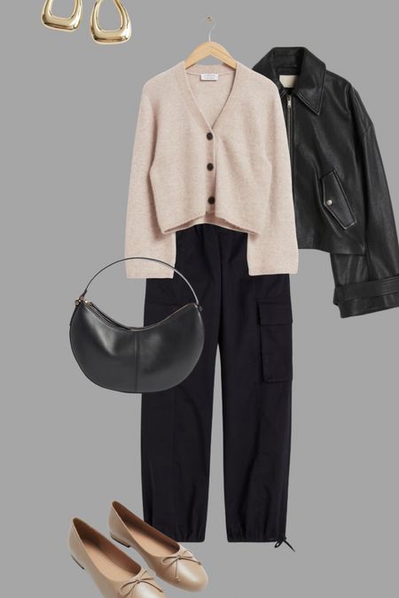 Cardi styling. Black cargos with ballet flats, a wide sleeve leather jacket and moon bag