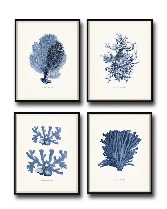 Vintage Indigo Blue Sea Coral Print Set No. 2, Giclee Art Print, Beach House Art, Coastal Art, Pr... | Etsy (US)