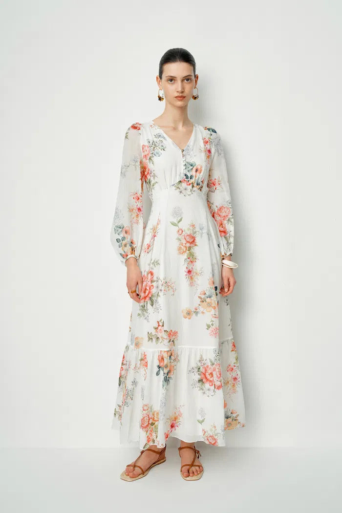 Whitney Watercolor Flora Long Sleeve Dress in Tencel-Ramie | Fabrique
