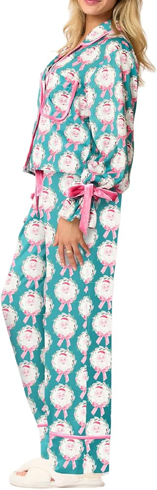 Faretumiya Women 2 Piece Christmas Pajamas Set Bow Tie Long Sleeve Button Shirts Wide Leg Pants C... | Amazon (US)