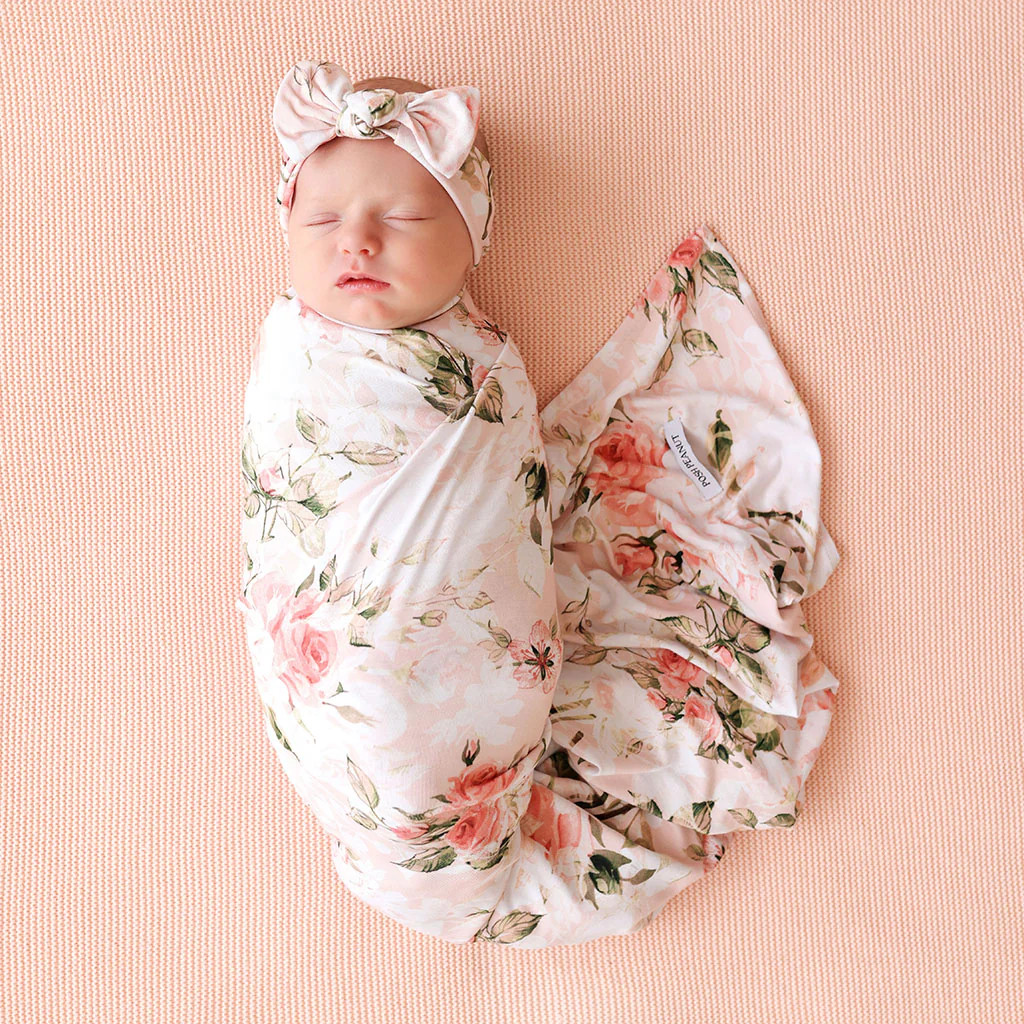 Swaddle & Headband Set | Vintage Pink Rose | Floral Baby Girl Swaddle | Posh Peanut
