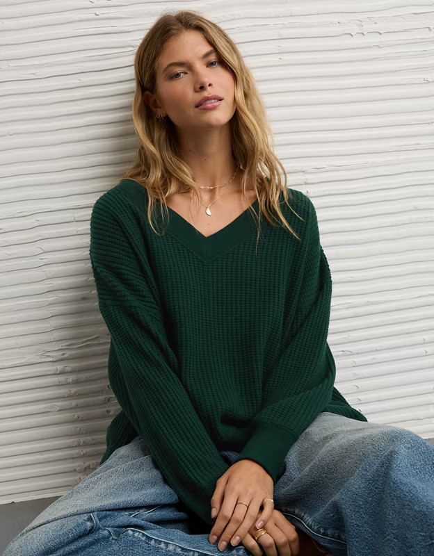 AE Big Hug V-Neck Waffle Sweatshirt | American Eagle Outfitters (US & CA)