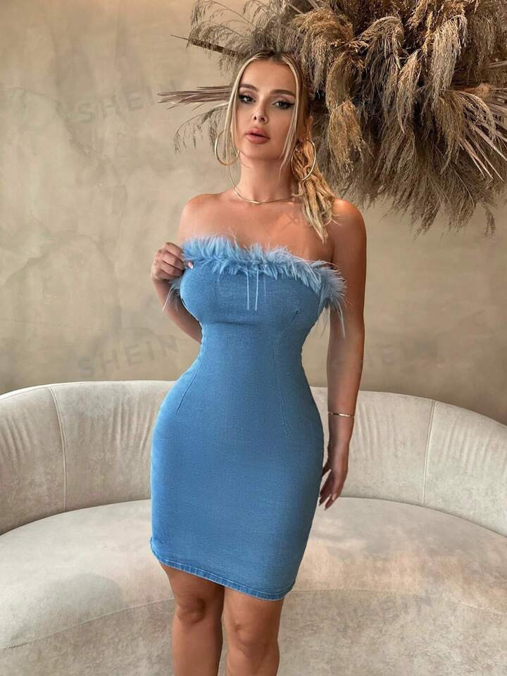 SHEIN SXY Fuzzy Trim Tube Denim Dress | SHEIN