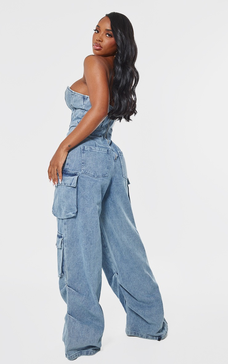 Shape Vintage Mid Wash Denim Bandeau Lace Up Front Wide Leg Jumpsuit | PrettyLittleThing UK