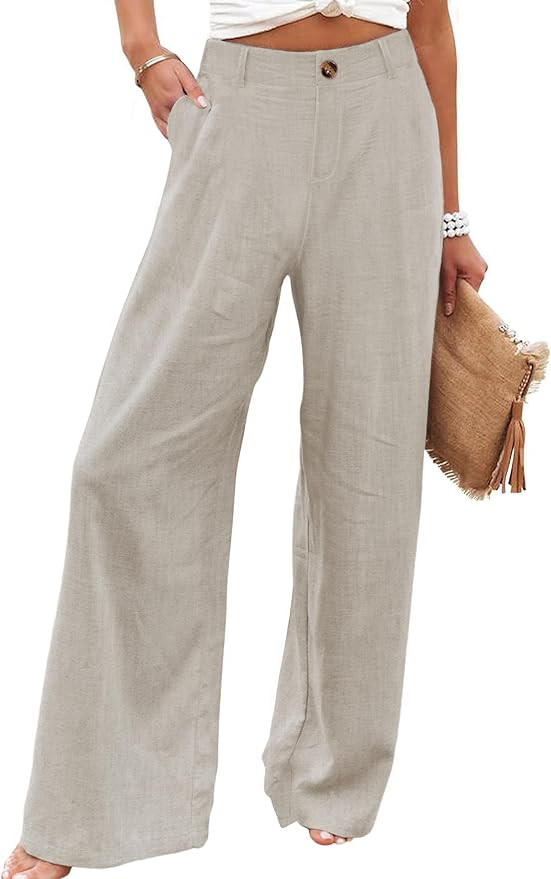 Hooever Womens Cotton Linen Pants Casual Button Up High Waisted Wide Leg Trousers | Amazon (US)