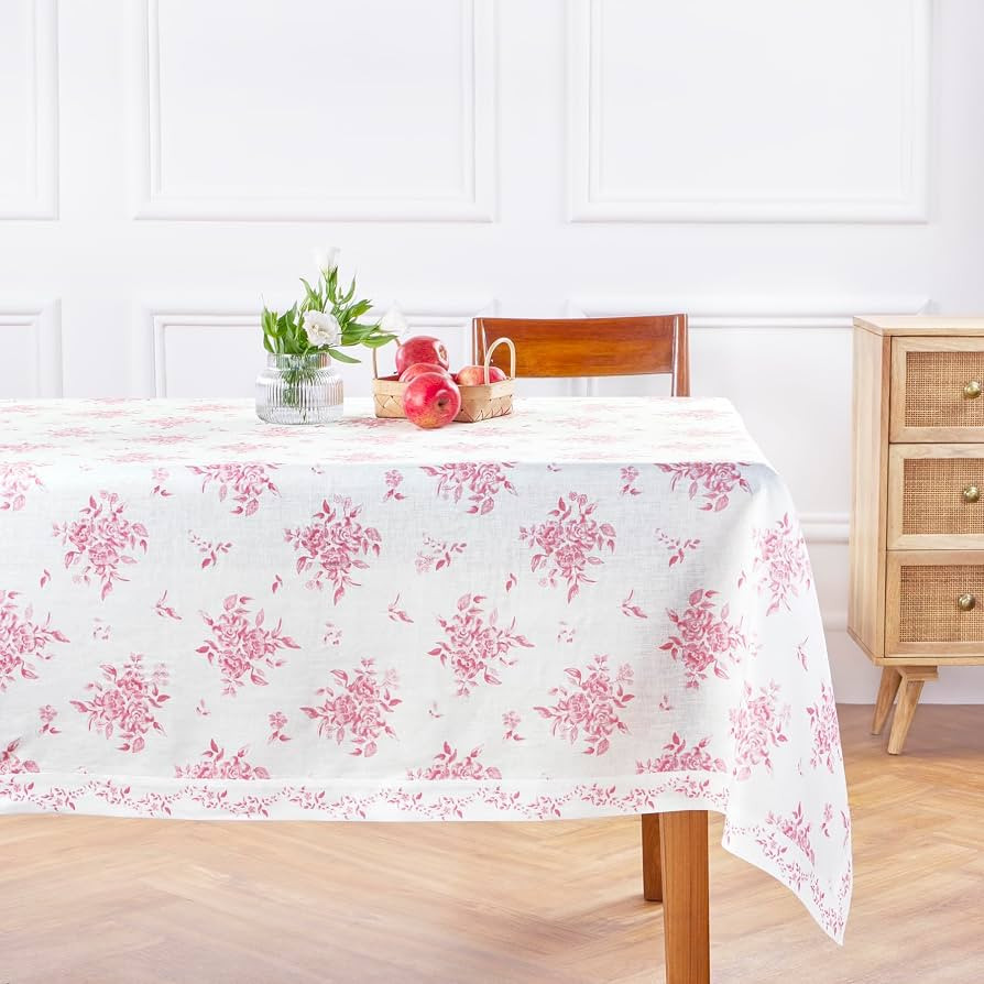 Solino Home Pink Floral Print Tablecloth 60 x 90 Inch - 100% Pure Linen Tablecloth - Farmhouse Re... | Amazon (US)
