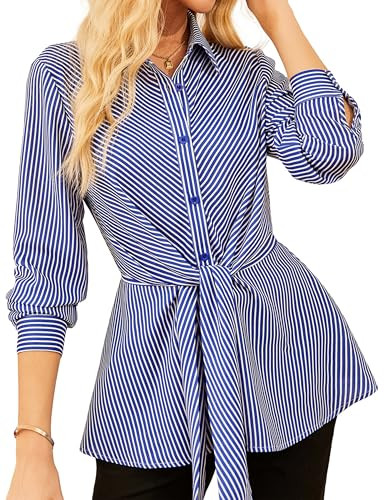 GRACE KARIN Peplum Tops for Women Tie Front Striped Button Down Shirt Collared Long Sleeve Busine... | Amazon (US)