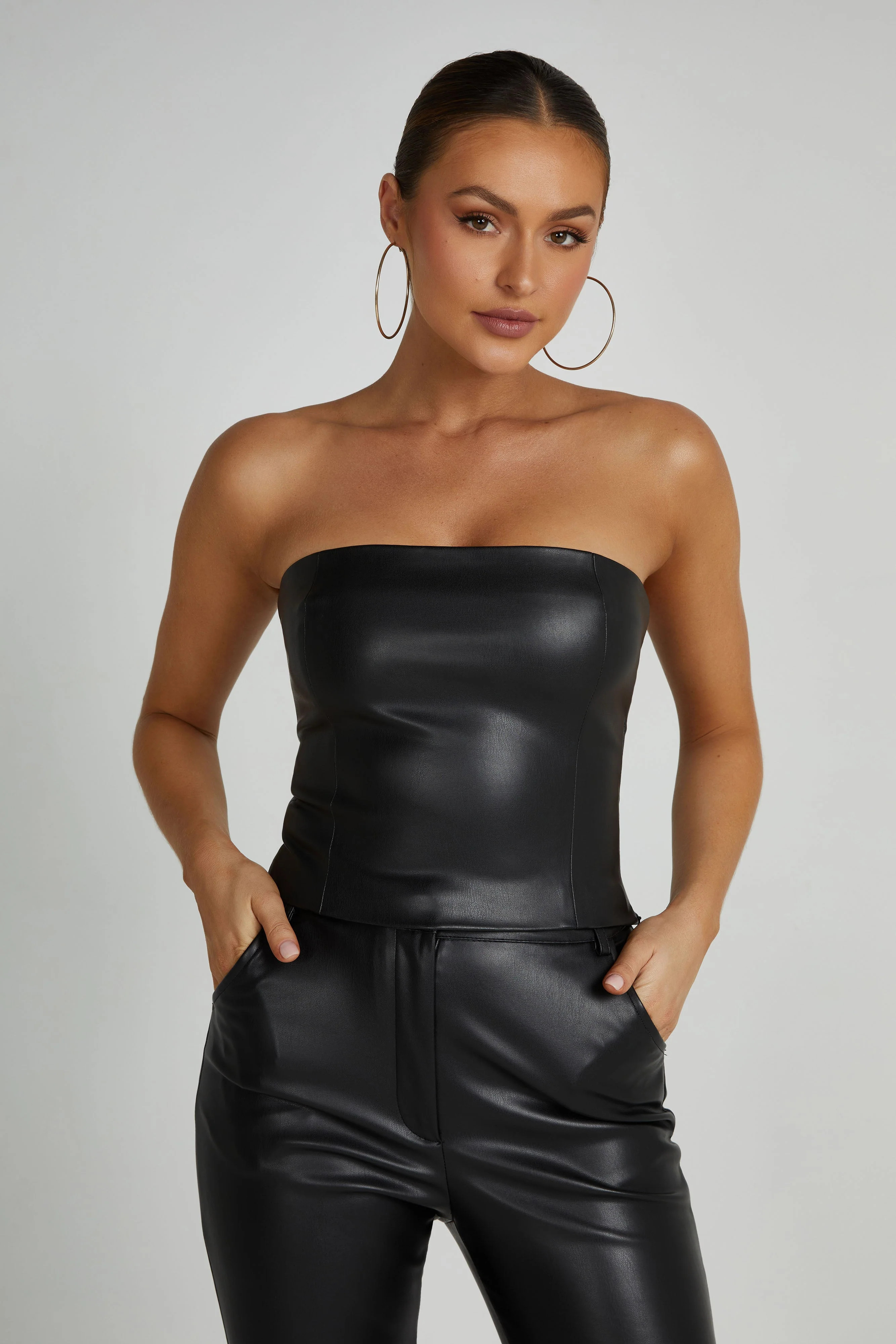 Pamela Faux Leather Strapless Crop Top - Black | MESHKI US