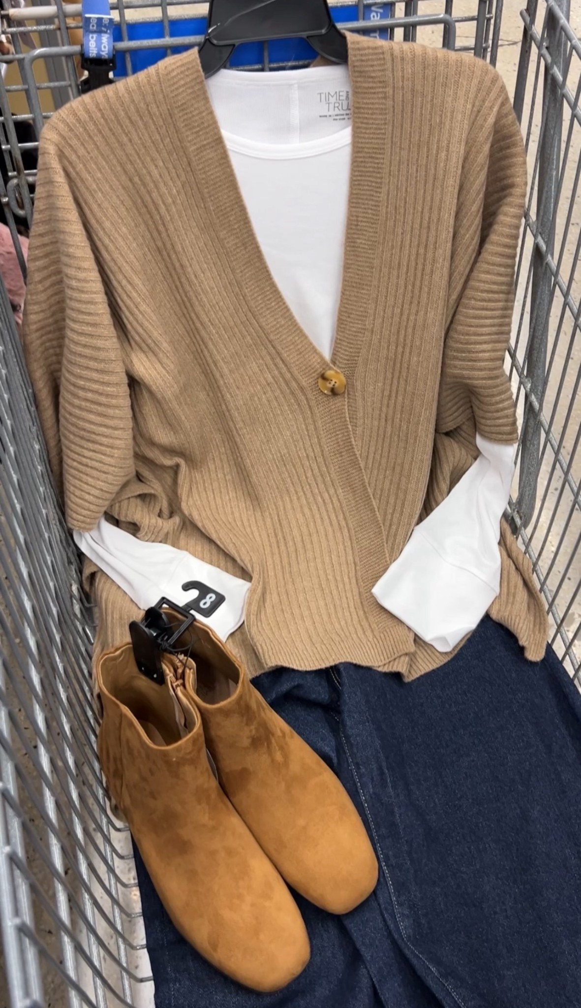 Walmart fall outfit idea with this knot sweater shawl, cotton long sleeve tee and wide leg jeans ($17). I get a medium in these tees and true size small in the jeans. Elastic at the waistband, so comfy! #walmartfashion #walmartfinds #thanksgiving 

#LTKFindsUnder100 #LTKOver40 #LTKFindsUnder50