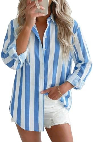 siliteelon Striped Button Down Shirts for Women Linen Oversized Dress Shirt Long Sleeve Blouse Co... | Amazon (US)