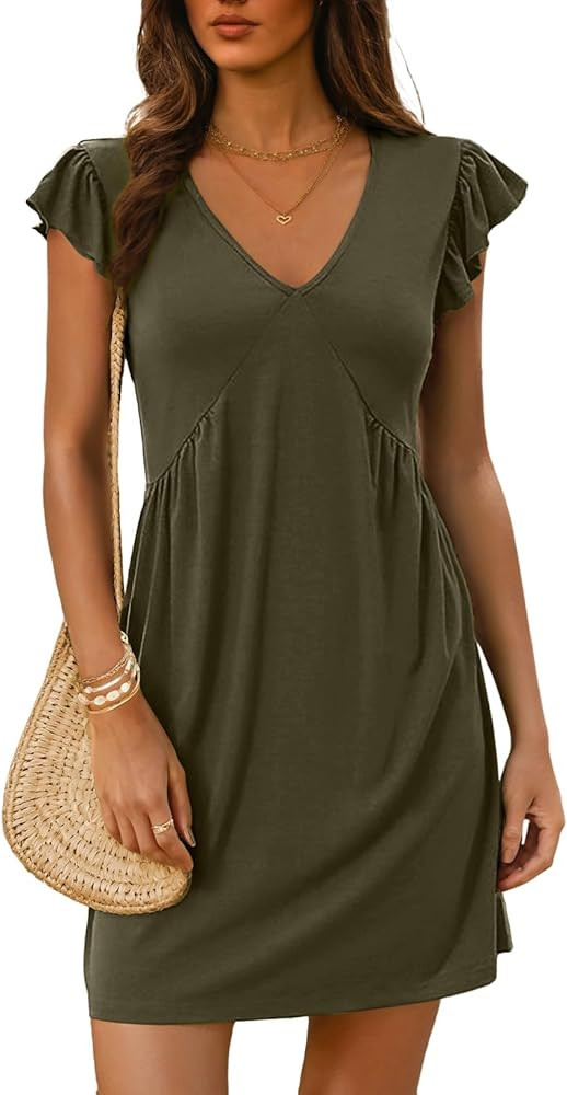 Dokotoo Women's Summer Dresses Beach 2026 Casual Deep V Neck Loose Sundress Ruffle Sleeve Mini Dr... | Amazon (US)