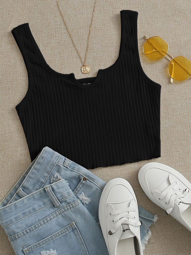 SHEIN Notched Neck Rib-knit Tank Top | SHEIN