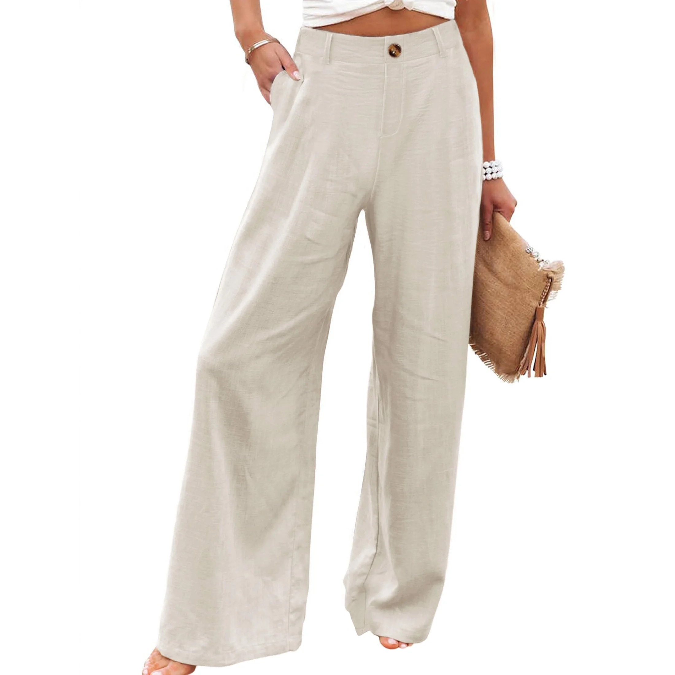 PUWEI Women's Cotton Linen Casual Pants Button up High Waist Wide Leg Trousers with Pockets | Walmart (US)