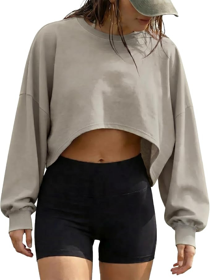 Fisoew Womens Casual Cropped Tops Long Sleeve Drop Shoulder Loose Fit Lightweight Crop Workout T ... | Amazon (US)